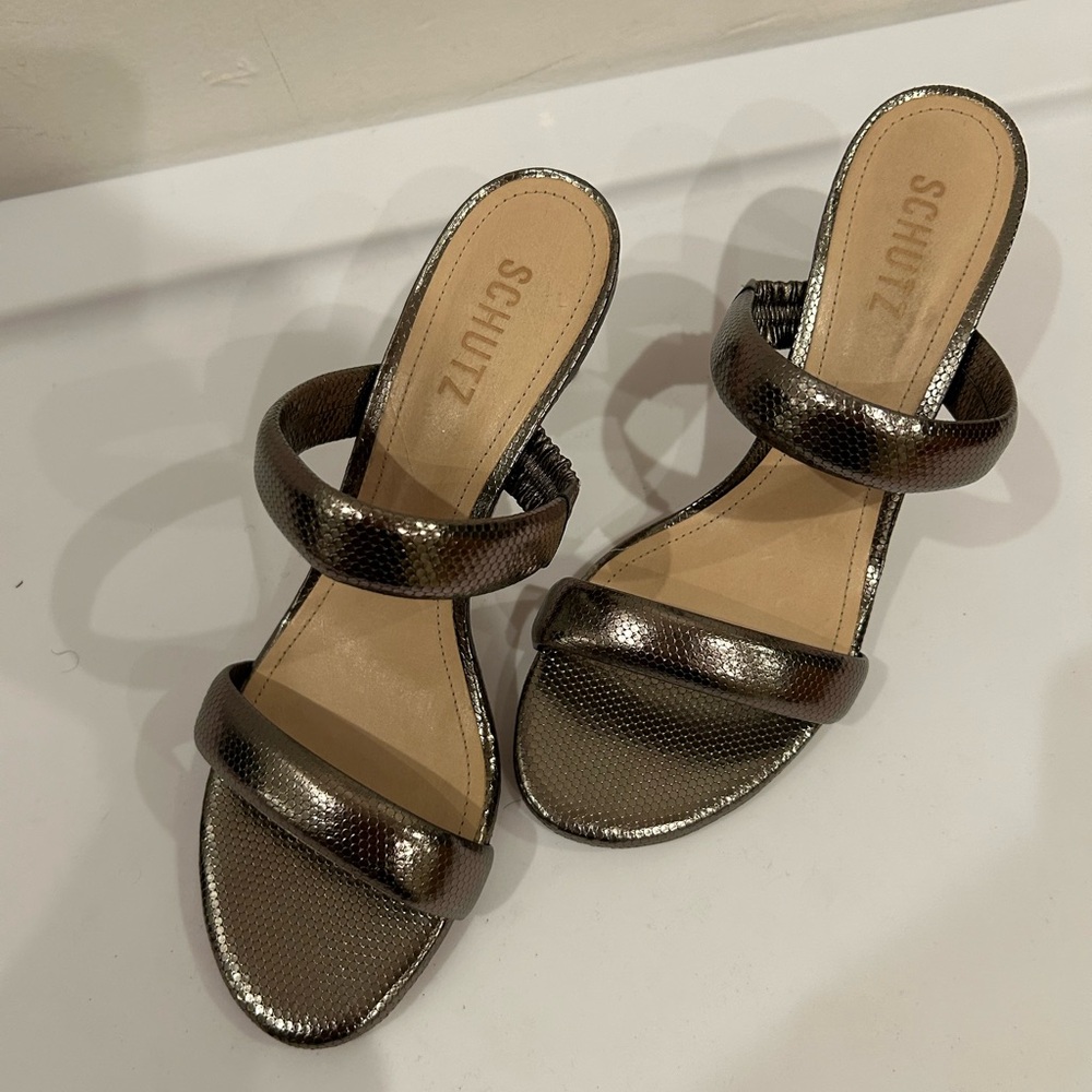 Schutz Black Metallic Heeled Sandals